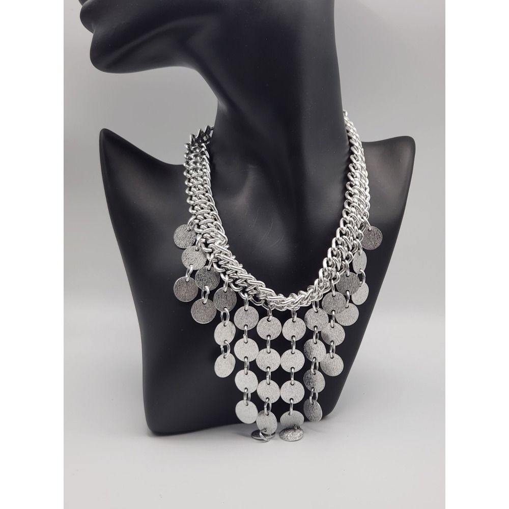 Sarah Coventry Vintage Silver Tone‎ Bib Necklace Textured Disc Fringe Statement
